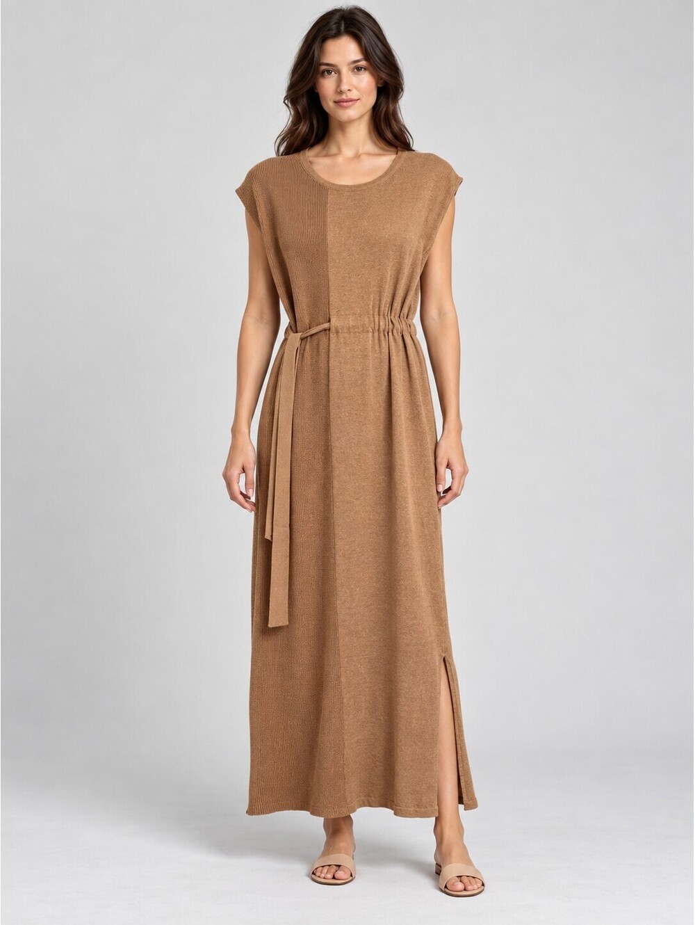 Peserico Italy Brown Linen Cotton Knit Belted Maxi Dress IT 42 US 6